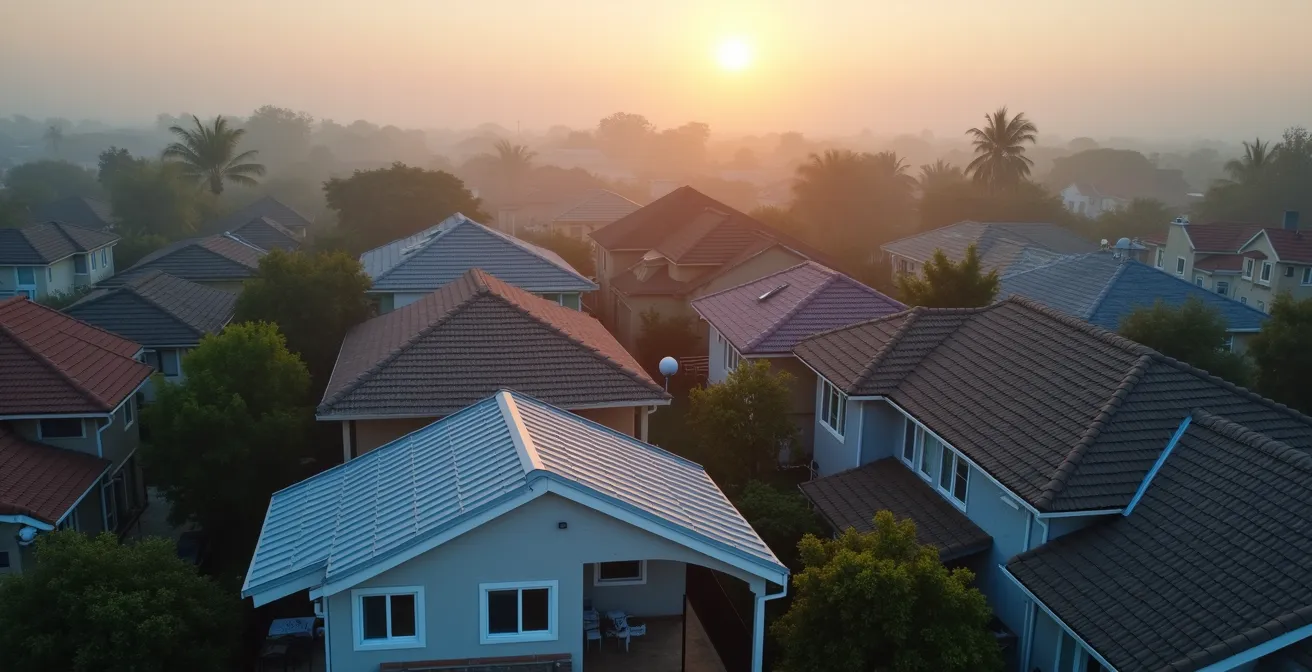 Wide aerial view of residential roofing showing various ages and conditions for comparison