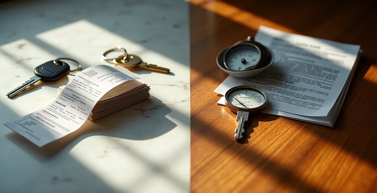 Split-screen composition showing hotel costs versus rental home economics with visual budget meters