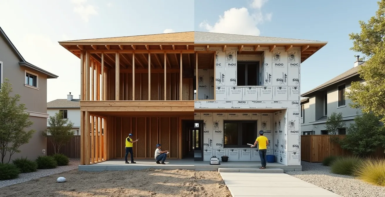 Split view showing 1990s home construction standards versus 2024 building requirements