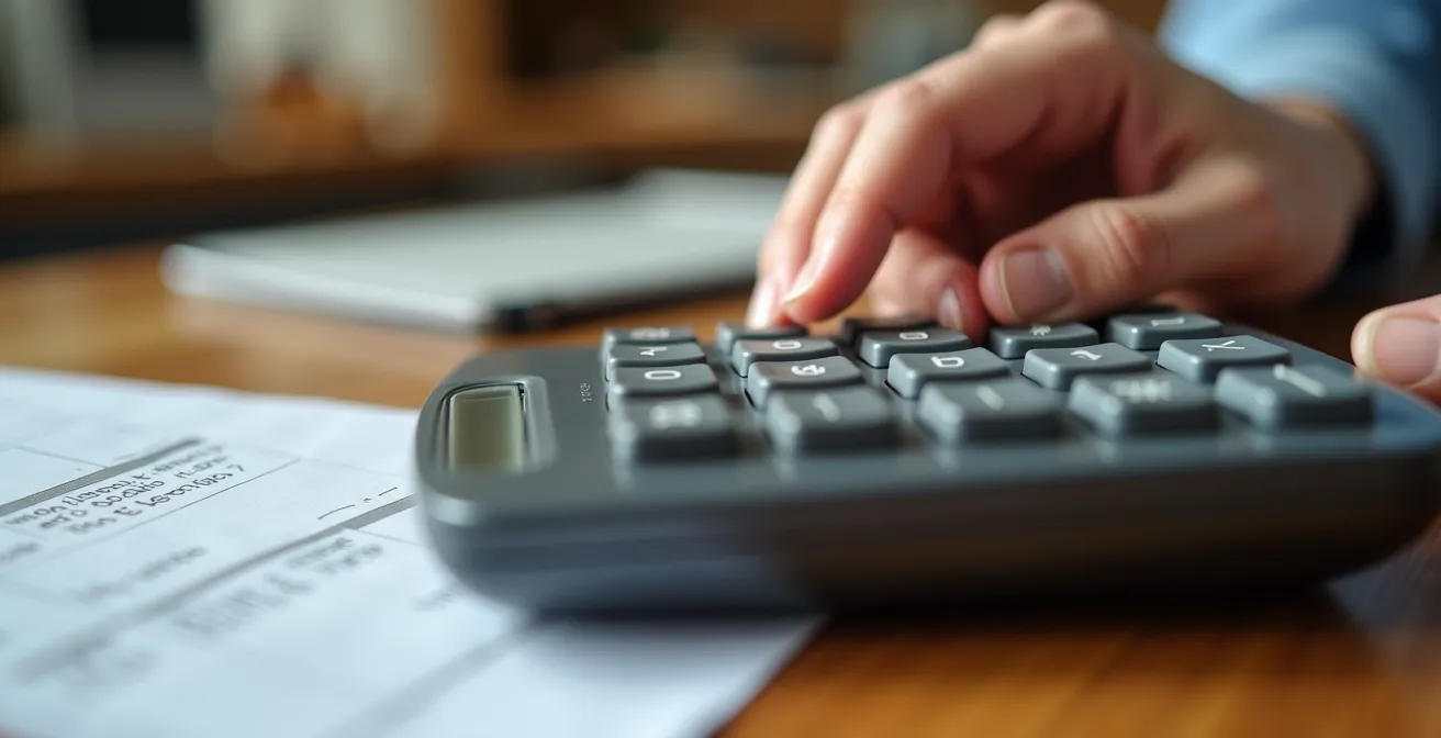 Macro shot of calculator and expense tracking on kitchen table
