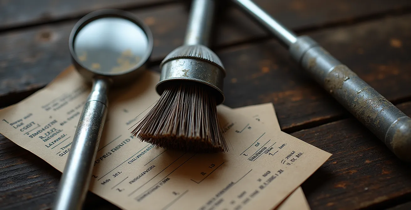 Close-up of chimney inspector's tools and certification materials arranged on wooden surface