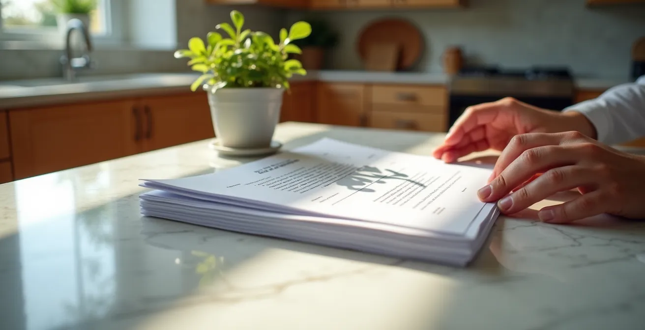 Homeowner reviewing final renovation documentation with visible satisfaction in modern renovated space