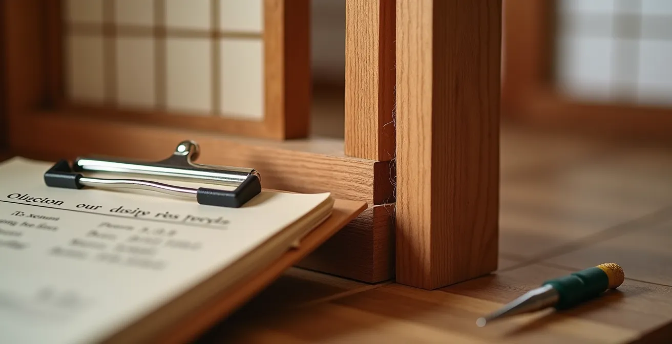 Professional appraiser documenting authentic Japanese tea house with traditional materials and craftsmanship details