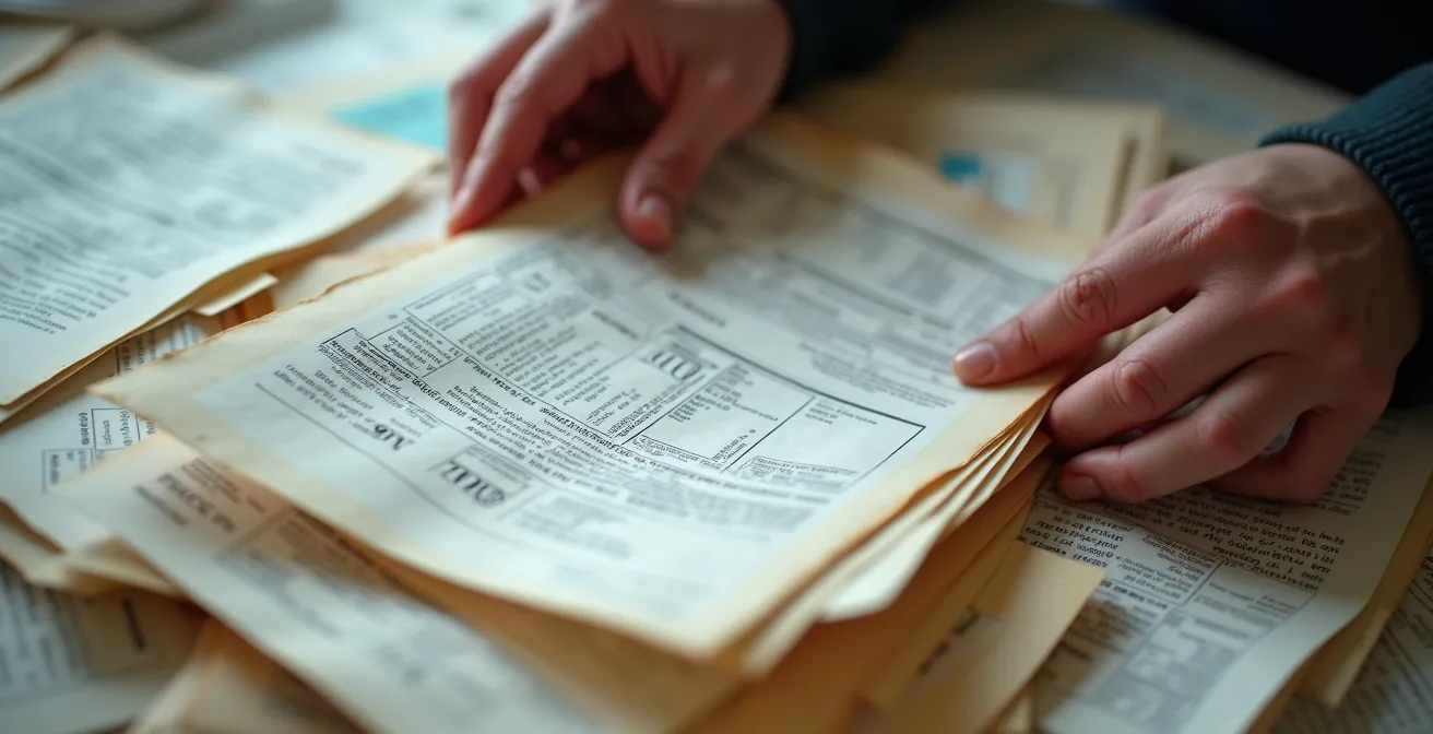 Macro shot of hands searching through old documents and digital archives for proof of purchase