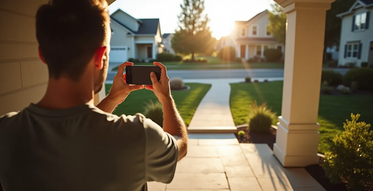 Homeowner photographing accident scene with smartphone for insurance documentation