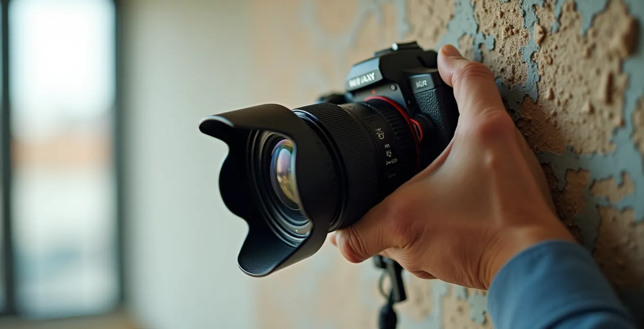 Property manager photographing damaged interior details with professional camera equipment