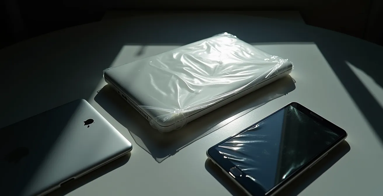 Array of student electronic devices with protective cases showing insurance protection concept