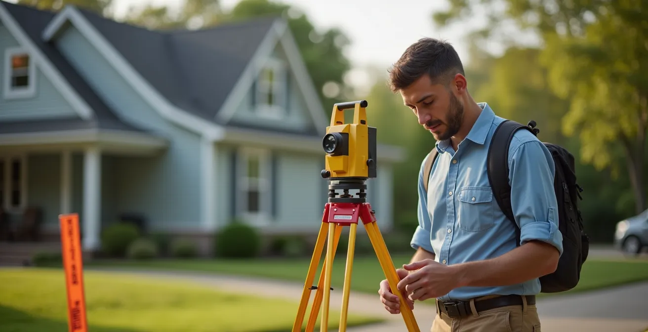 Professional surveyor measuring property elevation for FEMA flood map assessment
