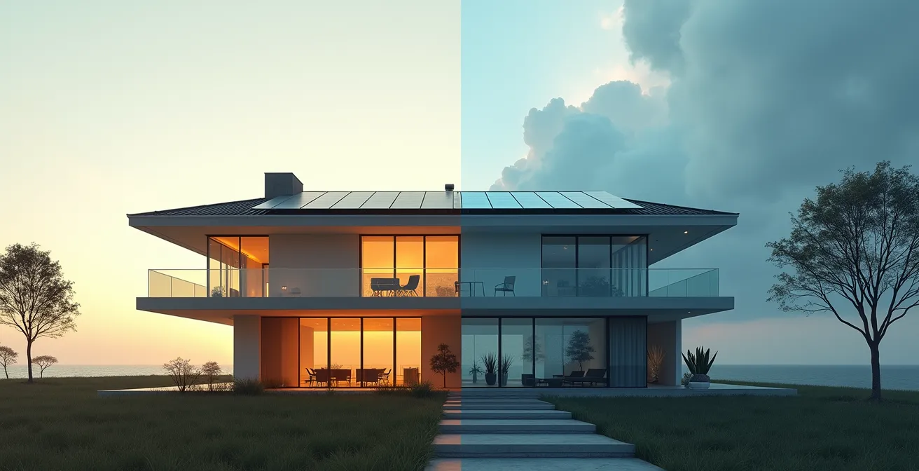 Split view home showing covered and excluded risks with visual metaphors