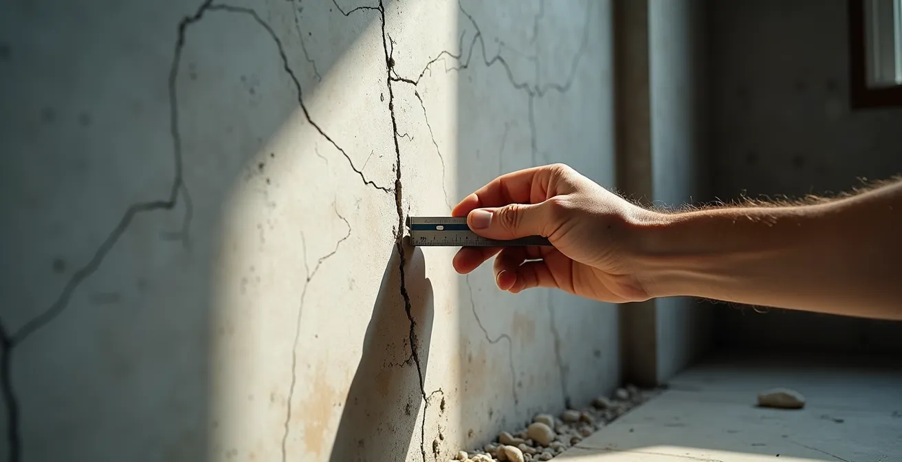 Structural engineer examining foundation wall with measuring tools