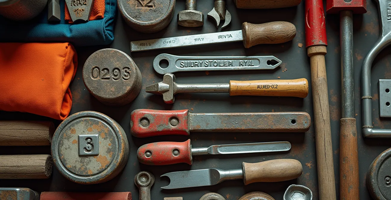Overhead view of numbered storage boxes with contents spread on tarp for documentation