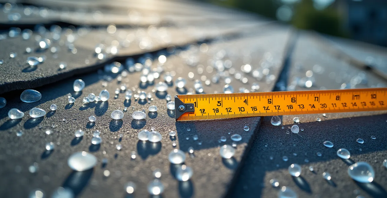 Wide angle view of roof hail damage with professional measurement tools and weather documentation