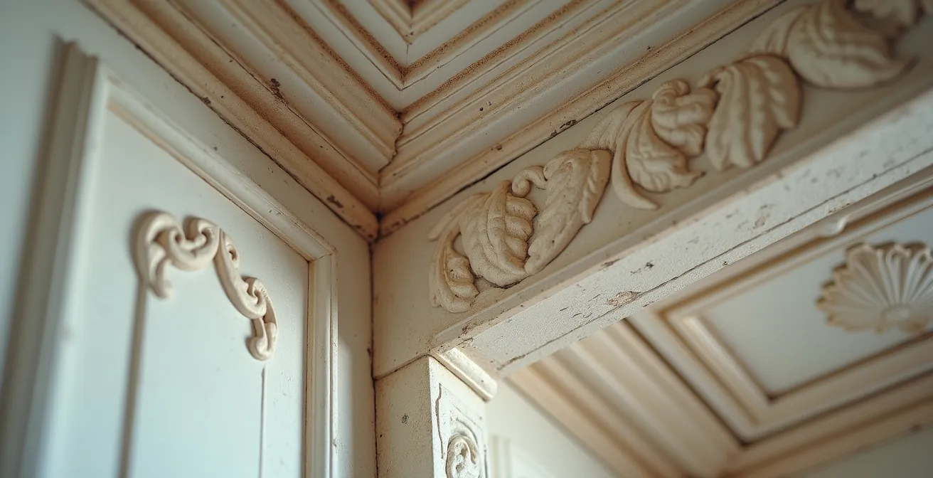 Close-up of ornate Victorian-era crown molding and decorative plasterwork