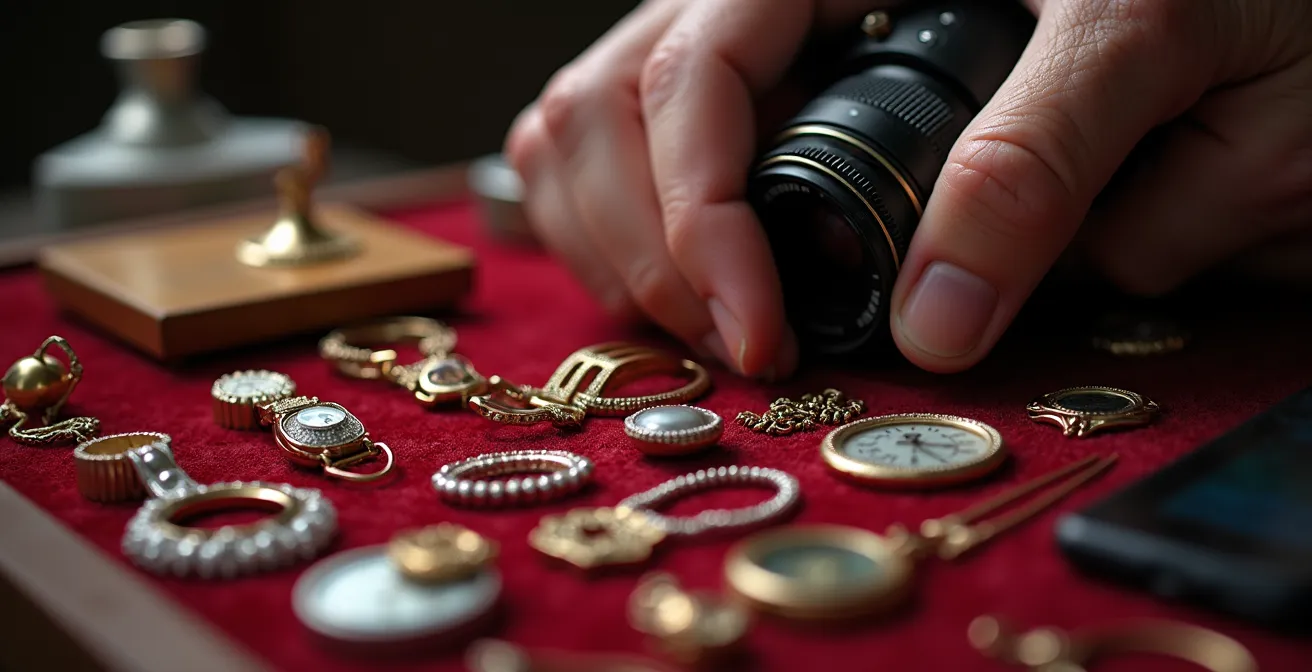 Close-up of hands organizing receipts and photographing valuable items