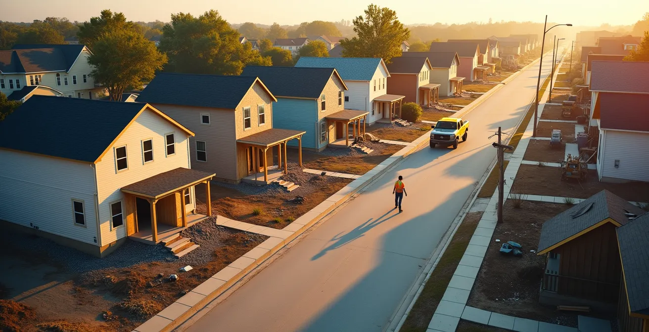 Wide aerial view of neighborhood showing homes in different reconstruction phases from damaged to completed
