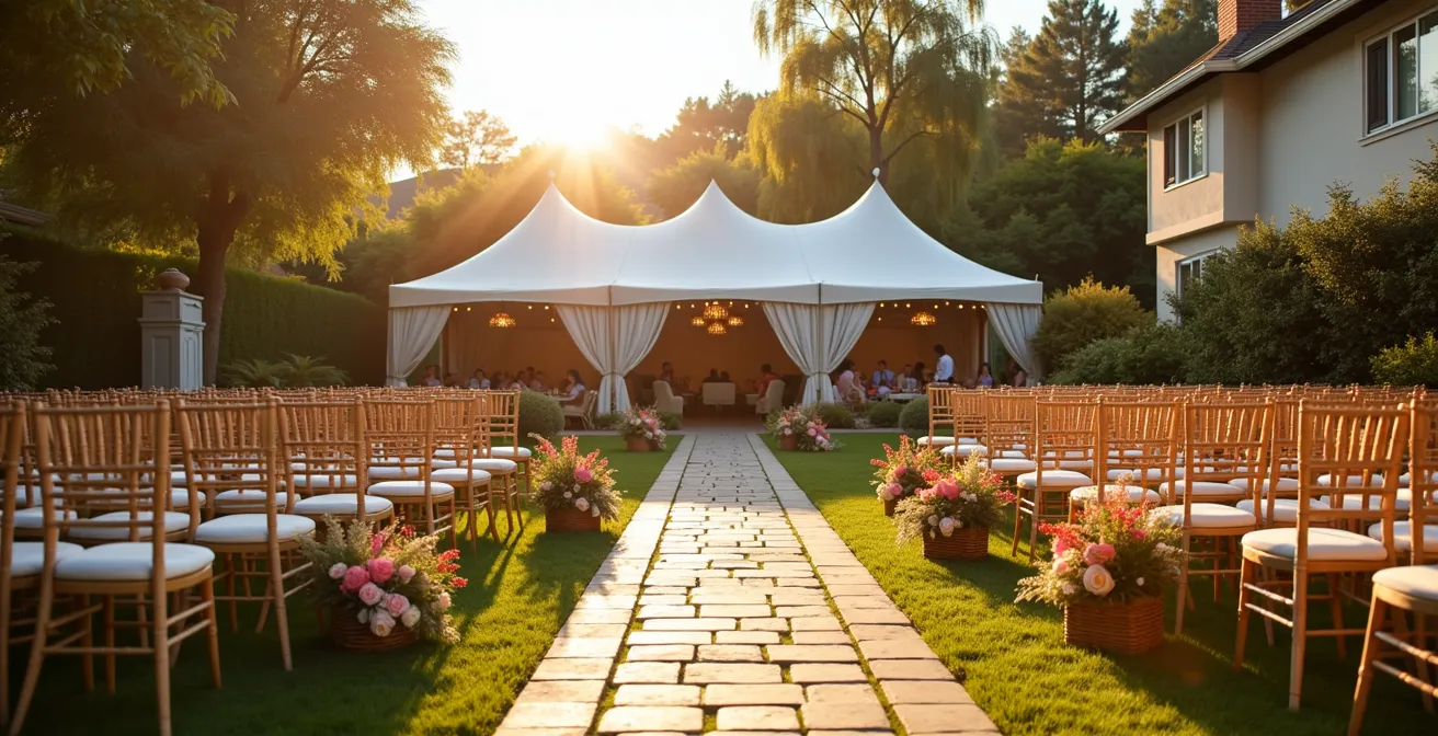 Elegant outdoor wedding setup in residential backyard with protective coverage visualization