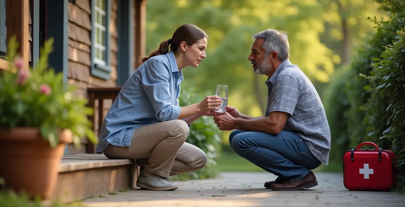 Compassionate homeowner assisting injured guest while maintaining proper liability protocol