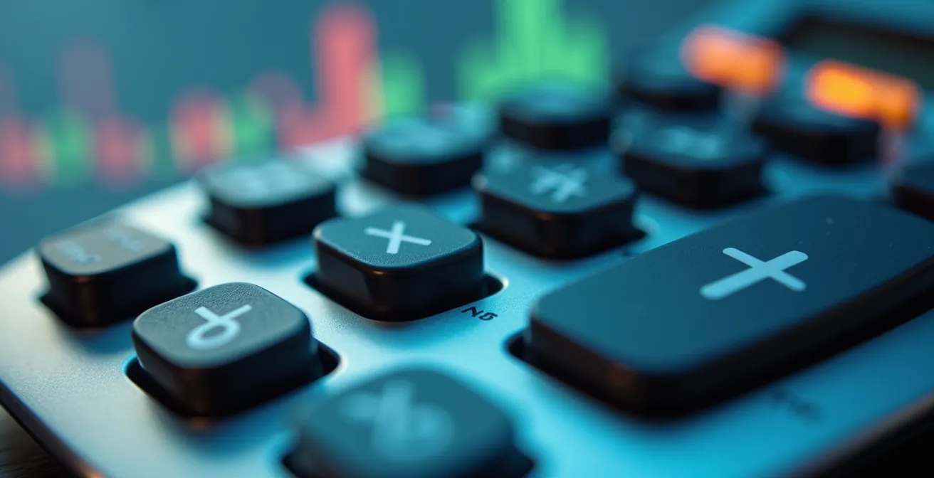 A close-up macro shot of calculator buttons with abstract financial growth charts in the background, symbolizing financial planning.