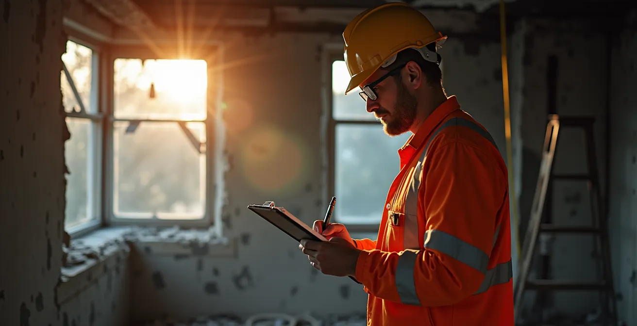 Professional insurance adjuster assessing fire damage in rental property interior