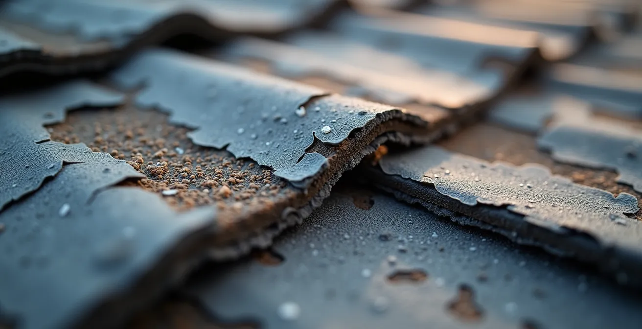 Extreme close-up of damaged roof shingle texture showing wear patterns and repair needs