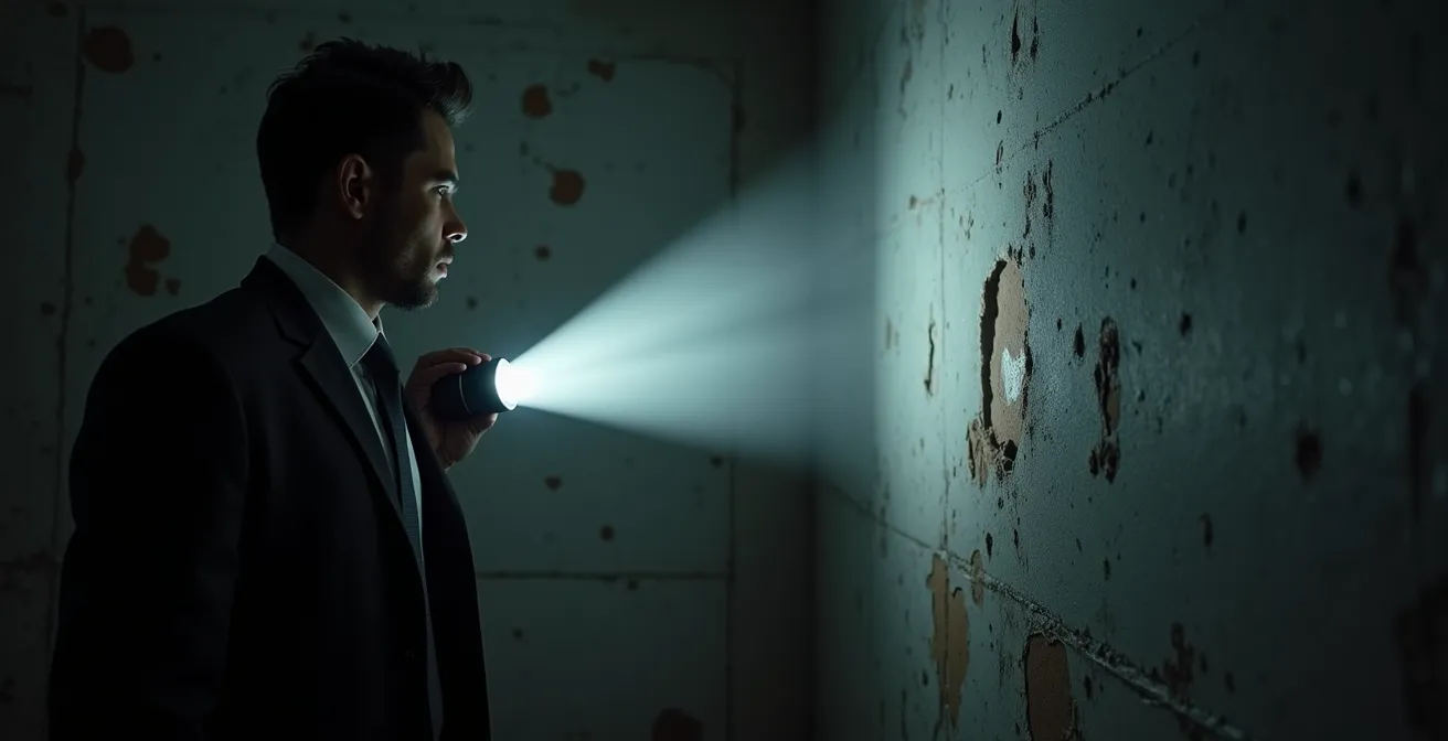 Professional examining wall with flashlight revealing hidden water stains and deterioration