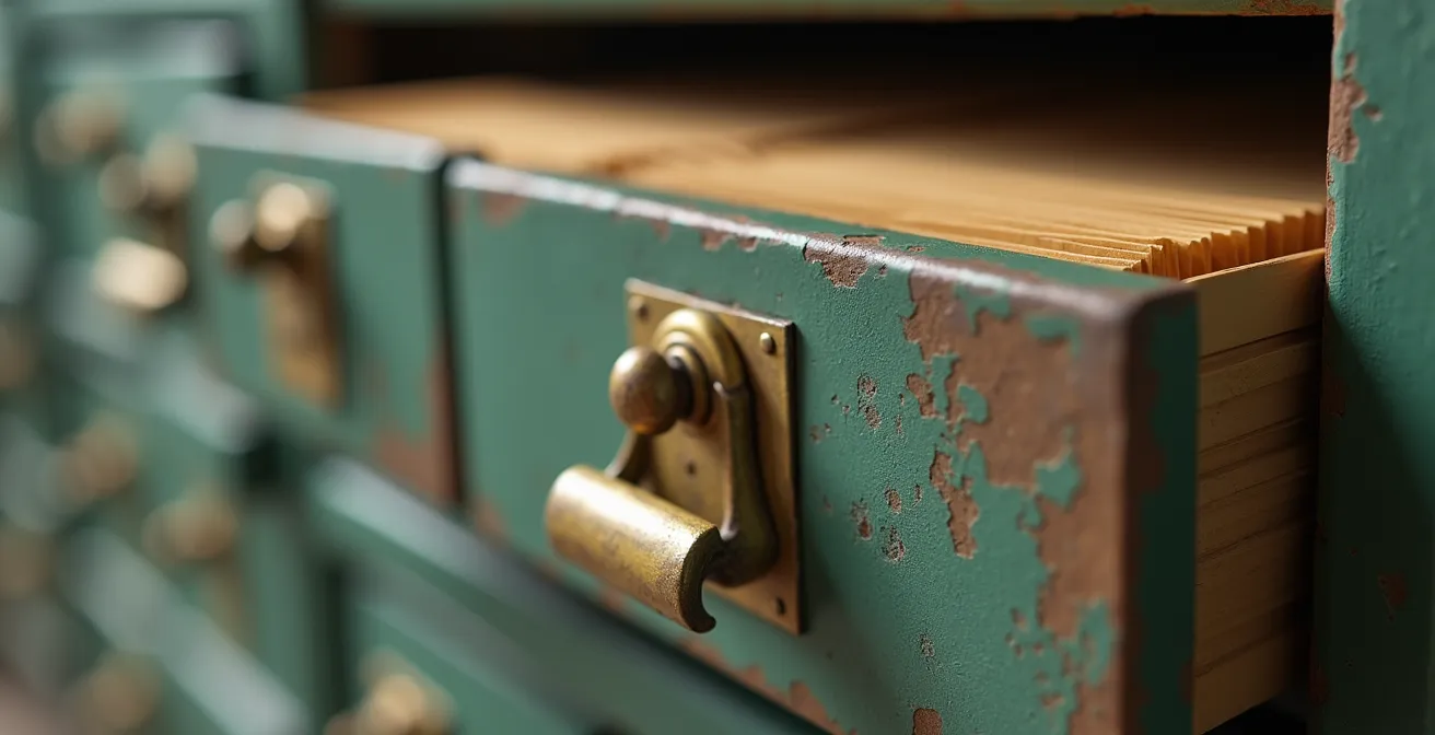 Close-up macro shot of vintage filing cabinet drawers with aged metal handles and textured surfaces
