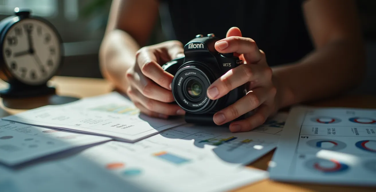 Professional documenting property damage with timeline calendar in soft focus background