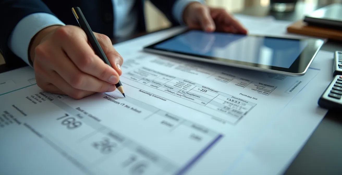Extreme close-up of hands organizing financial documents and digital evidence on a professional desk