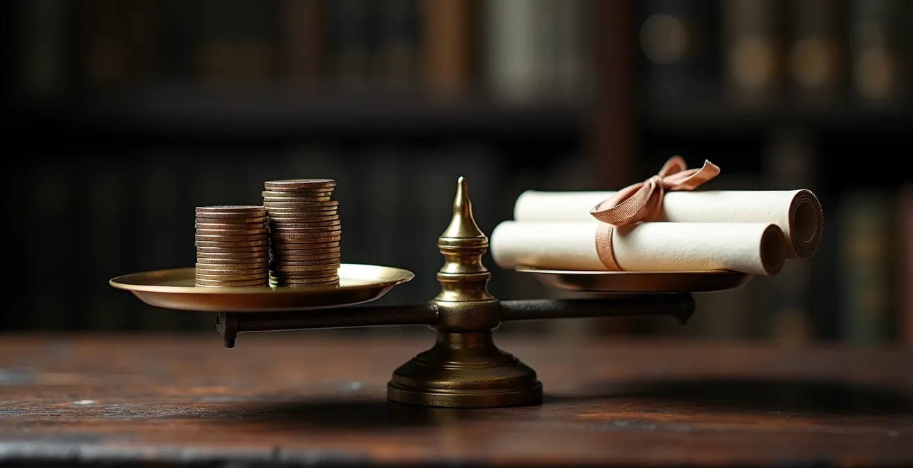 Abstract representation of financial balance with stacked coins and paperwork on vintage brass scales