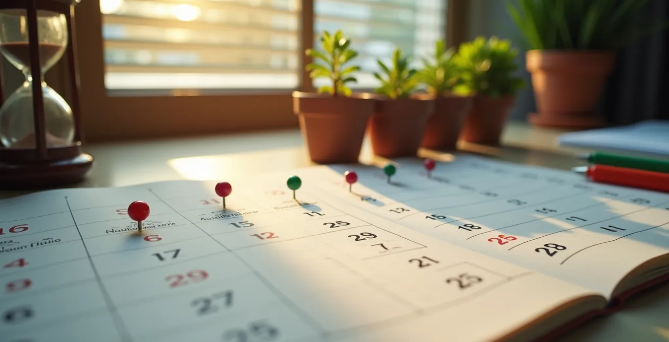 Calendar pages showing marked dates and progress tracking for insurance claim milestones