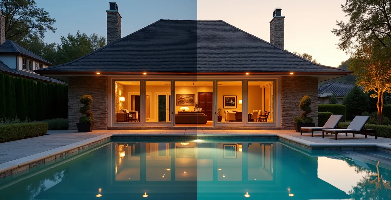 Split-screen comparison showing standard coverage versus scheduled structure endorsement for a luxury pool house