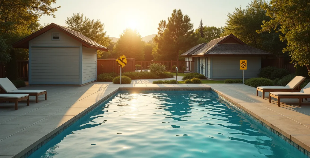 Wide shot of vacation property pool area with safety equipment and recreational amenities