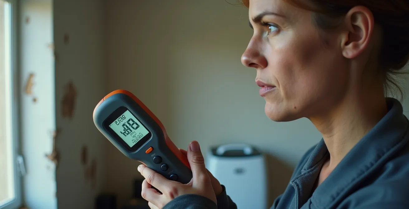 Professional documenting moisture levels with digital meter on water damaged wall