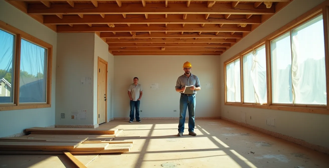 Professional inspector examining home renovation progress with clipboard while homeowner observes