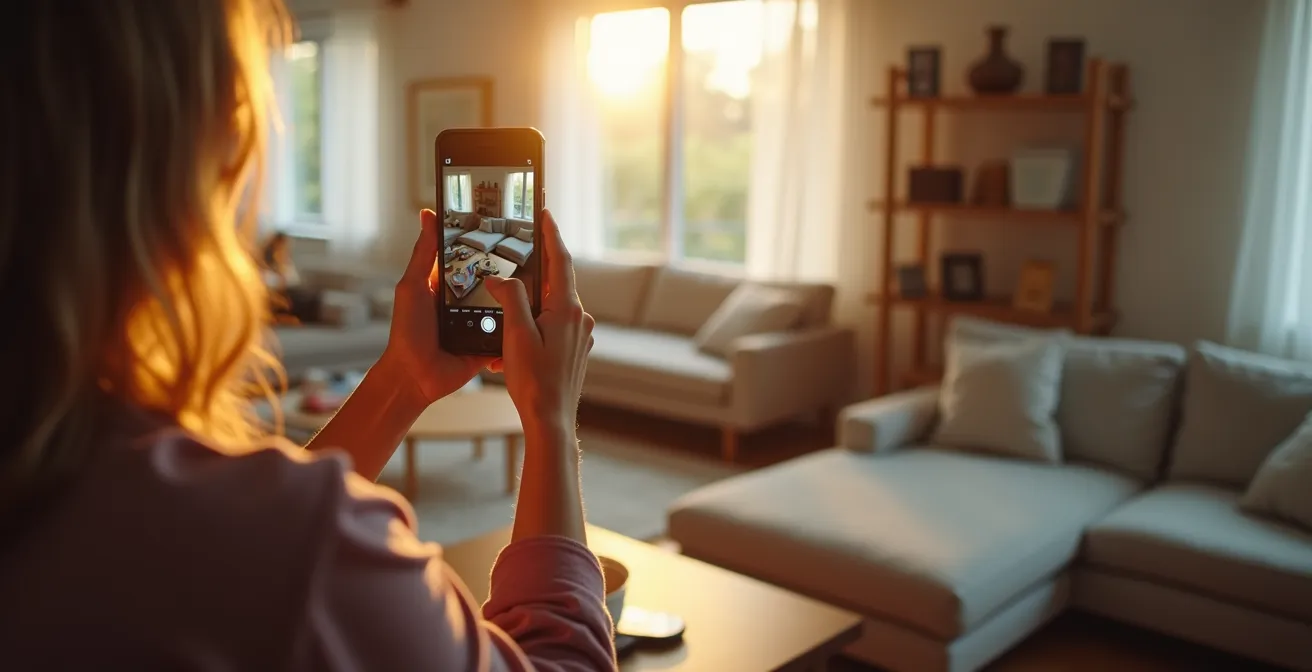 Person filming home interior with smartphone using systematic scanning pattern
