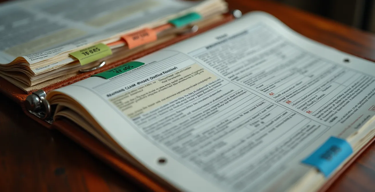 Meticulously arranged insurance claim documents in professional leather binder on office desk