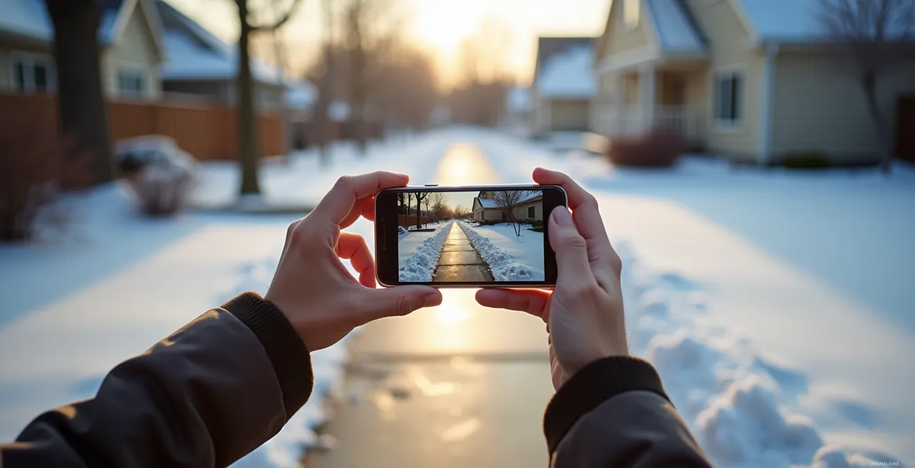 Wide environmental shot of homeowner documenting cleared winter walkway for liability protection