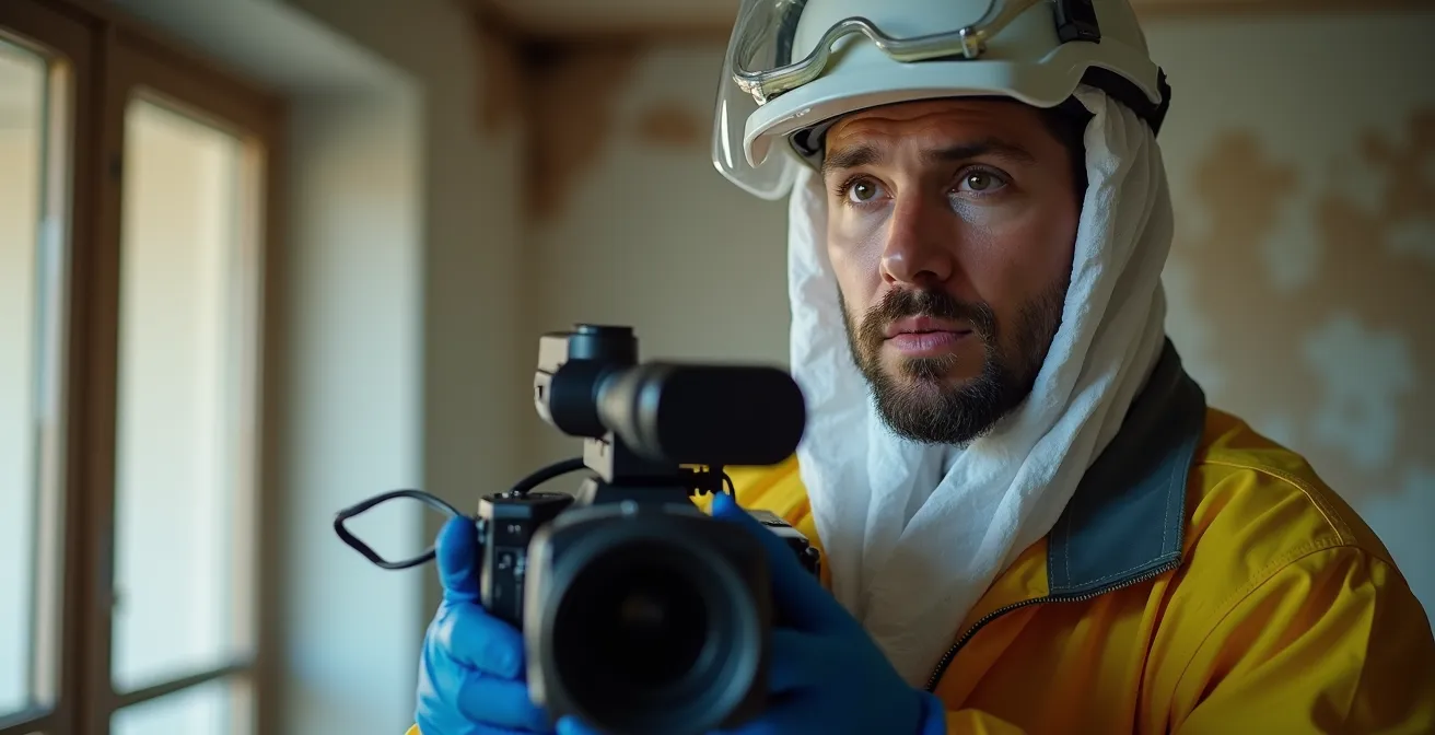 Professional documenting property damage with video camera using industry terminology