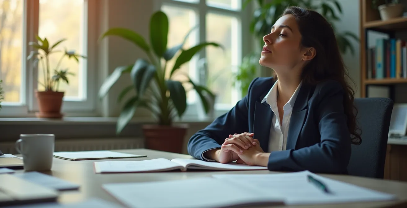 Insurance adjuster at desk with organized workspace showing healthy work-life balance