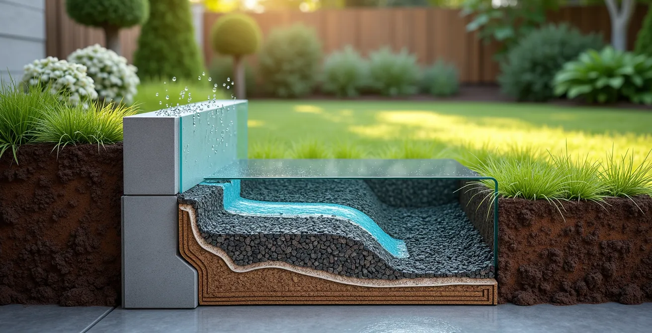 Cross-section view of properly graded yard showing water flow away from foundation