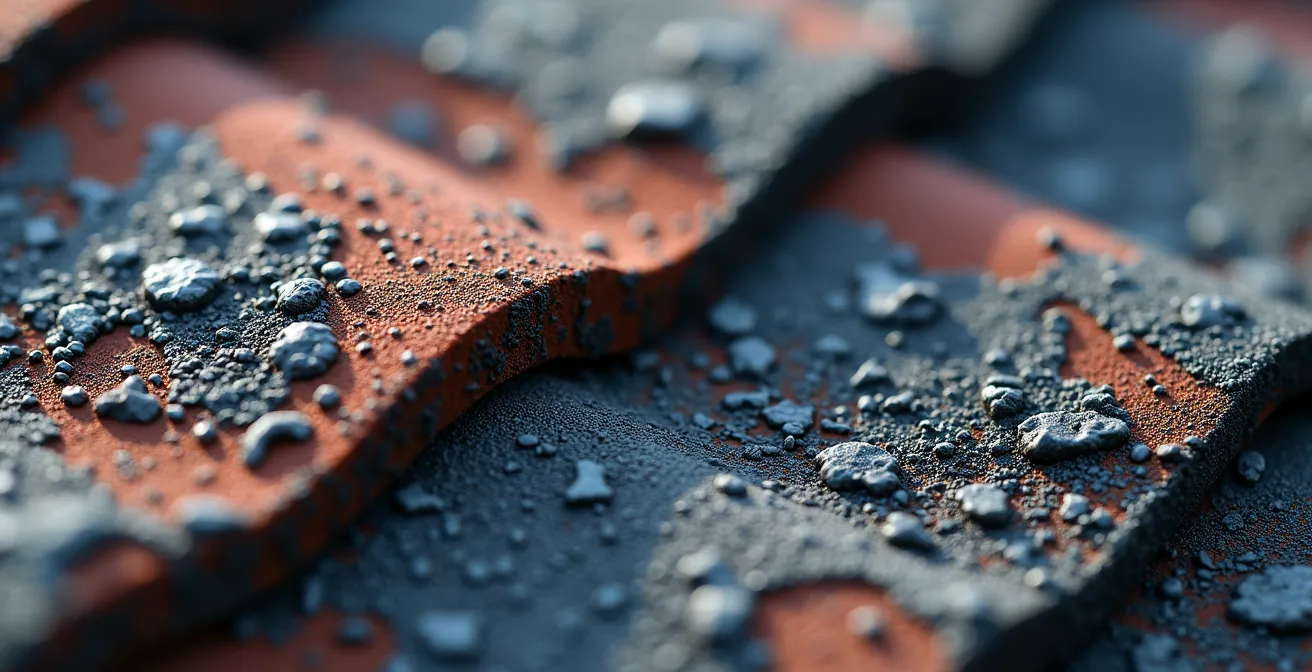 Extreme close-up of asphalt shingle surface showing granule loss patterns and texture