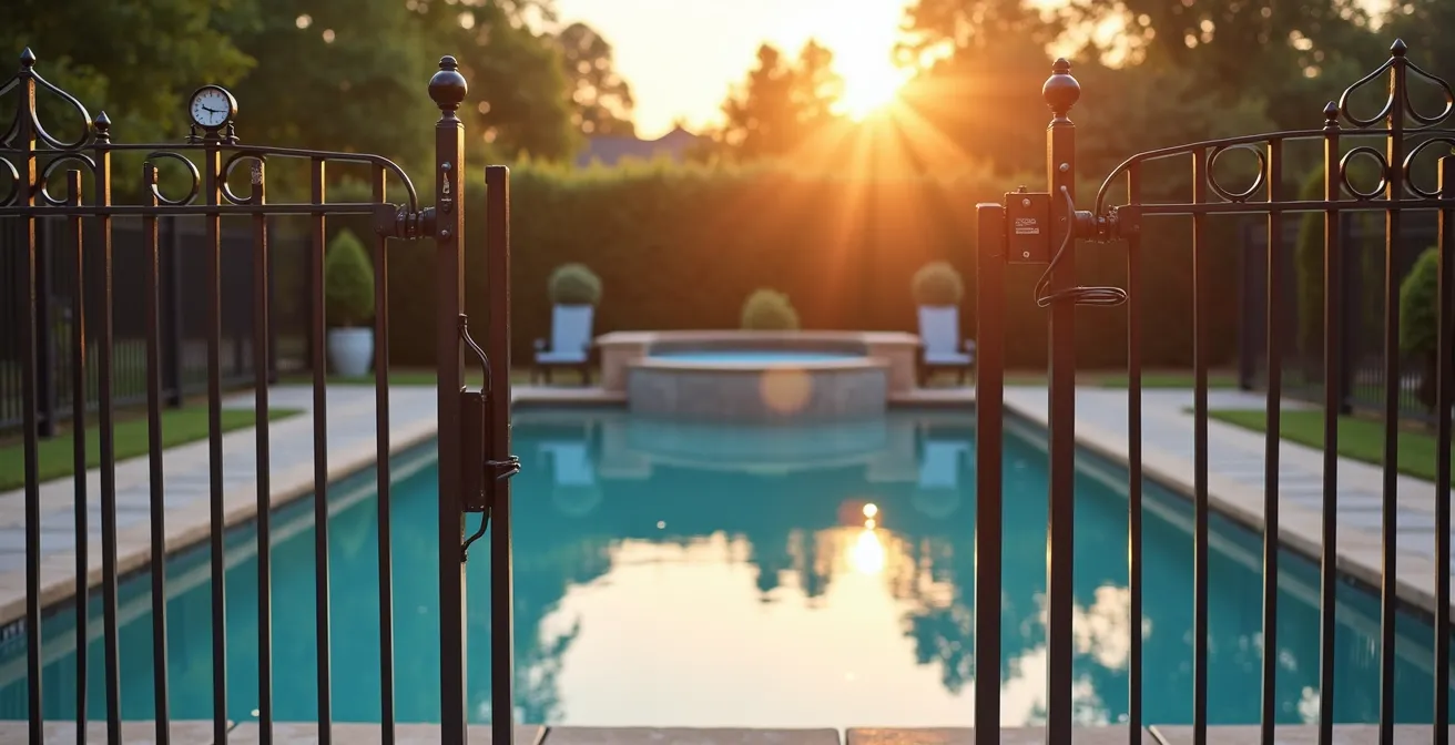 Modern pool area with multiple safety features including self-latching gate and pool alarm sensors
