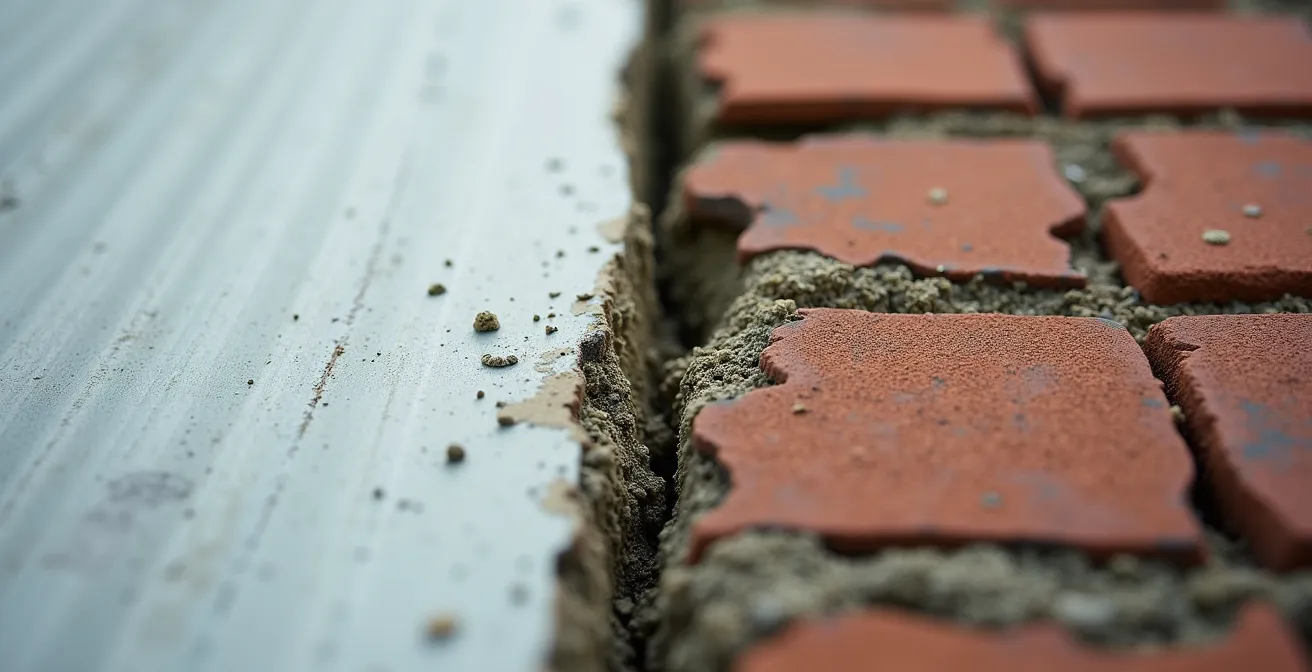 Close-up comparison of well-maintained versus neglected vinyl and brick siding showing biofilm damage