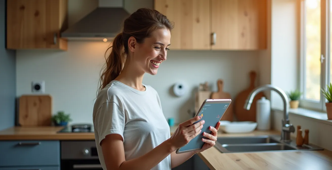 Homeowner using tablet to calculate insurance savings with smart devices in background