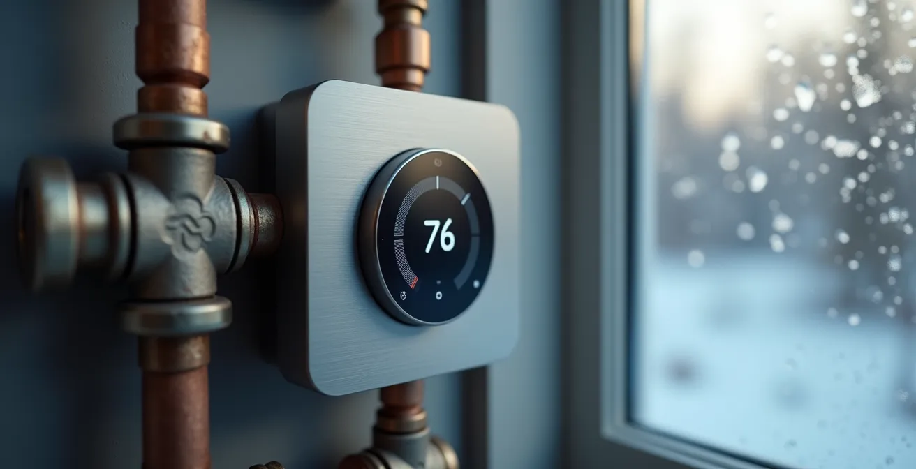 Macro view of smart thermostat and water valve shut-off system