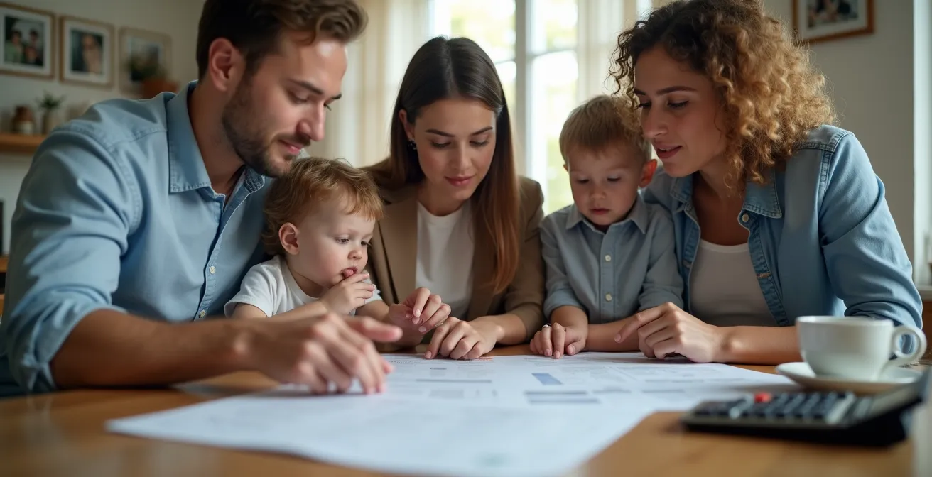 Visual representation of optimizing insurance coverage through strategic adjustments with a family and an advisor.