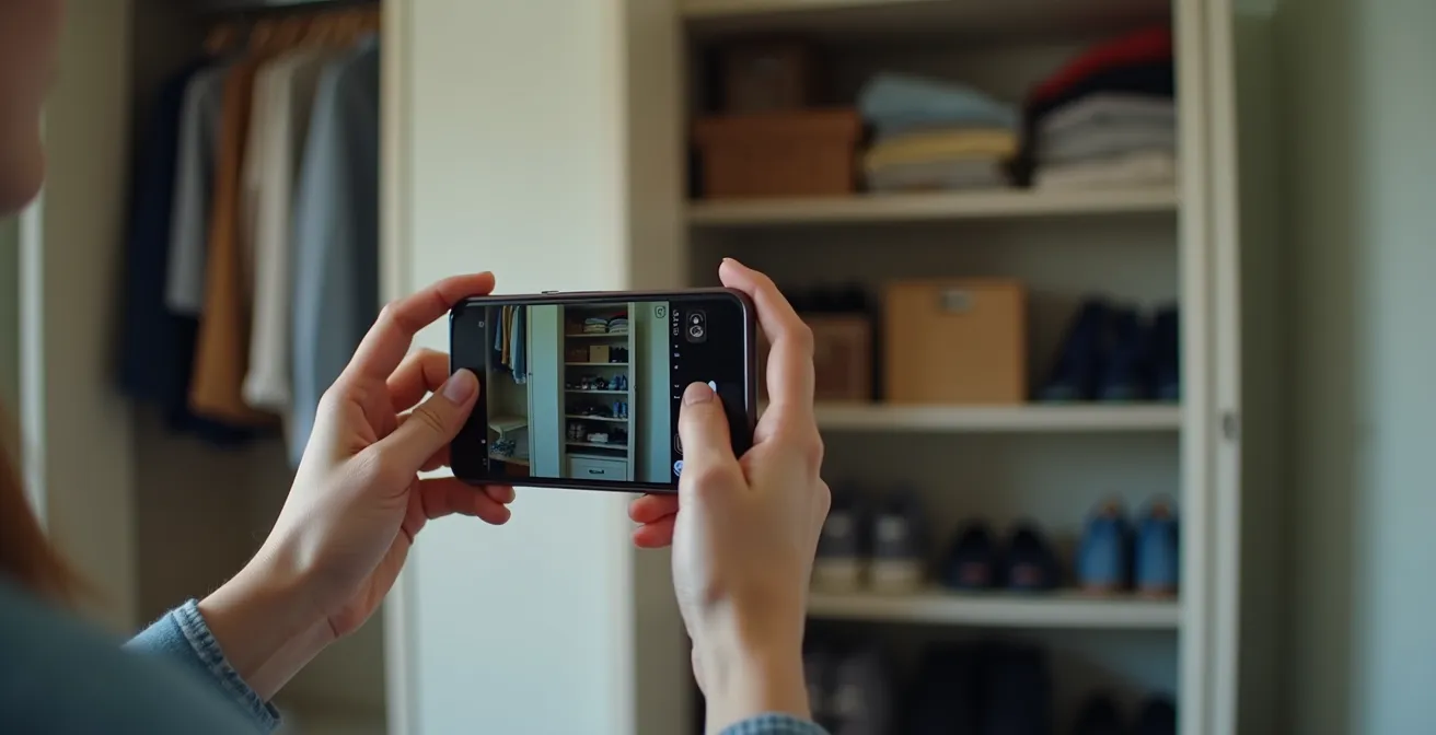 Person using smartphone to document home contents with systematic video recording technique