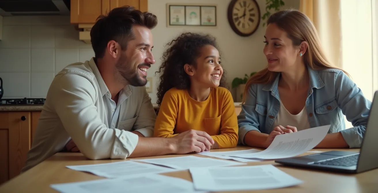 Family reviewing housing options at kitchen table with documents and laptop