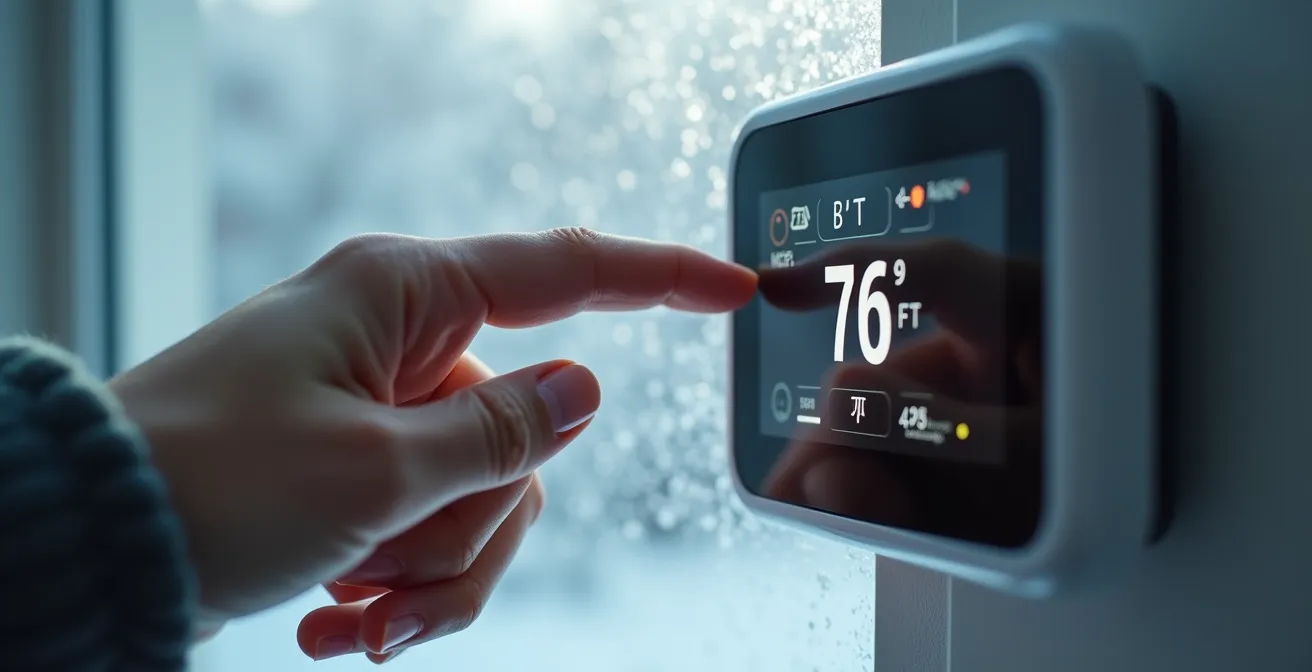 Close-up of hands adjusting thermostat with winter scene visible through window