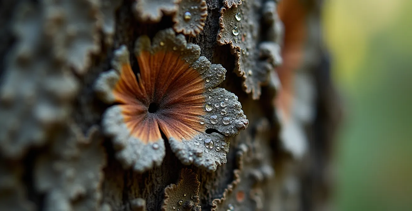 Extreme close-up of tree bark showing early signs of decay requiring attention